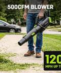 3-In-1 Cordless Lawn Care Kit With Mower, Trimmer Edger, And Leaf Blower, 21V Brushless Motor, Two 4.0Ah Batteries, Dual Chargers, Perfect For Small Yards And Quick Yard Refresh. Handheld blower clearing grass clippings from sidewalk.