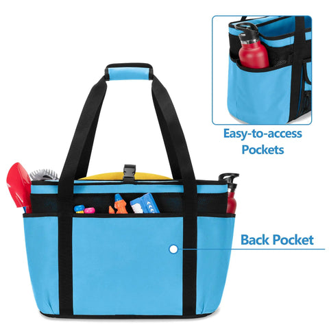 XL Beach Tote Bag With Insulated Cooler Compartment And Wet Dry Separation, Blue, showing external pockets and durable strap.