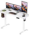 Sleek BIZUM Electric Standing Desk 60 x 24 Inch White Computer Gaming Workstation with dual monitors and keyboard setup.