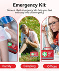 General Medi First Aid Kit in a red compact bag with green cross, shown for family, camping, and office use.
