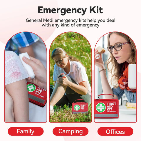 General Medi First Aid Kit in a red compact bag with green cross, shown for family, camping, and office use.