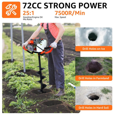 Man using 72cc Gas Powered Post Hole Digger With 4 Inch, 8 Inch And 12 Inch Auger Bits in a garden setting