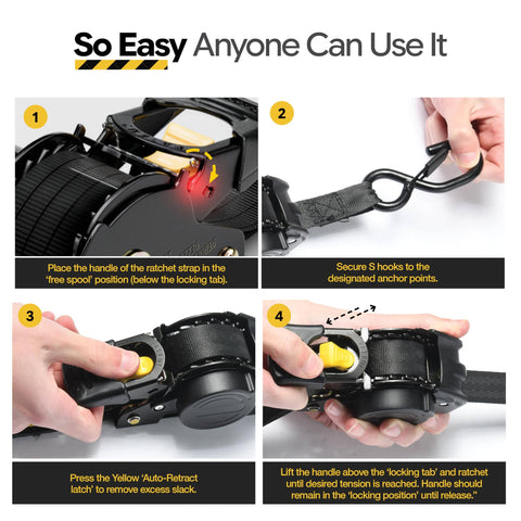 Steps showing how to use Heavy Duty Retractable Ratchet Straps 4 Pack With Soft Loops And Storage Bag for secure cargo fastening.