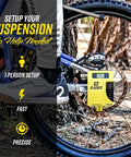 MTB Sag Tool Pro Digital Suspension Tuning Kit measuring bike axle sag with one person setup shown on mountain bike wheel.