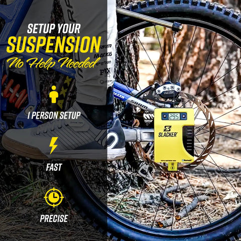 MTB Sag Tool Pro Digital Suspension Tuning Kit measuring bike axle sag with one person setup shown on mountain bike wheel.