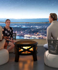 Heavy Duty Portable 26 Inch Steel Fire Pit With Grill Grate And Spark Screen in outdoor setting with people gathered around.