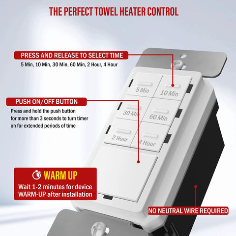 Energy Saving No Neutral Wire Countdown Timer Switch with 4 Hour 5 10 30 60 Minute Settings showcasing buttons and instructions