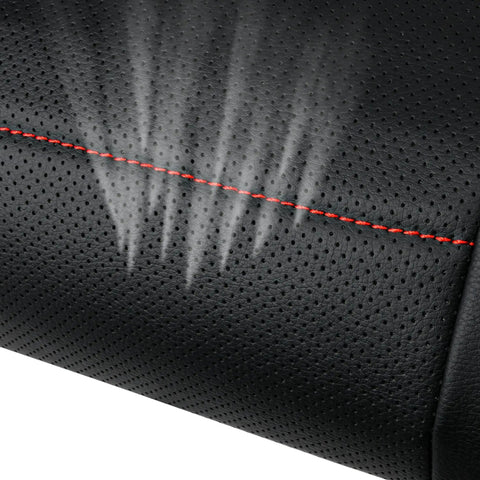 Close-up of the black red stitching on Universal Piping Leather Front Seat Covers Set For SUV Sedan Van And Truck, Waterproof Faux PU Leather.