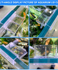 Crystal Clear Six Pack Aquarium Lid Clips Fit Rimless Fish Tanks securing glass covers on tank rim from multiple angles.