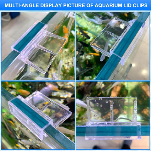 Crystal Clear Six Pack Aquarium Lid Clips Fit Rimless Fish Tanks securing glass covers on tank rim from multiple angles.