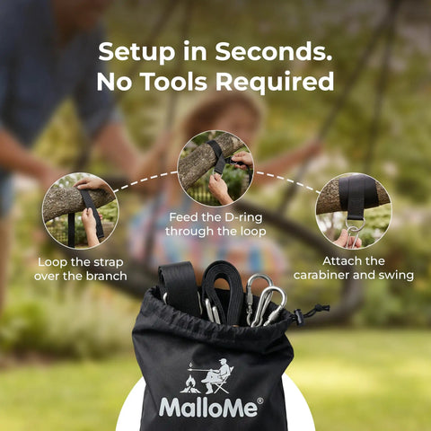 Heavy Duty Tree Swing Straps And Hammock Straps Kit For Trees showing setup, D-ring and carabiner in a black bag outdoors