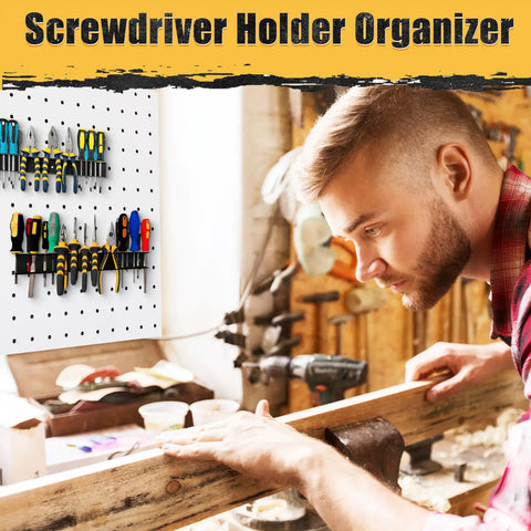 Two Pack 15.75 Inch Heavy Duty Wall Mount Screwdriver Organizer And Pliers Rack Metal Tool Holder with tools on peg board in workshop.