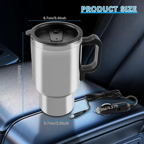 12V Car Heated Travel Cup Insulated Stainless Steel Thermos Mug 450ml Portable Water Heater For Heating Water Coffee Tea Milk On The Go Auto Cup Warmer on car seat with power cord