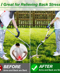 Comparison of man using upgraded weedeater handle before and after showing ergonomic grip extension for back support.