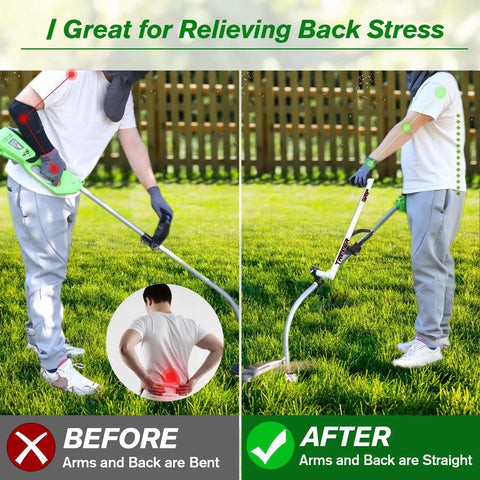 Comparison of man using upgraded weedeater handle before and after showing ergonomic grip extension for back support.