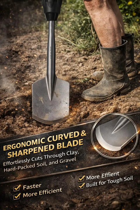 SDS Max Clay Spade Bit 4.5 By 17 Inch Heavy Duty 40CrMo Steel Shovel Bit for Rotary Hammer shown digging clay soil.