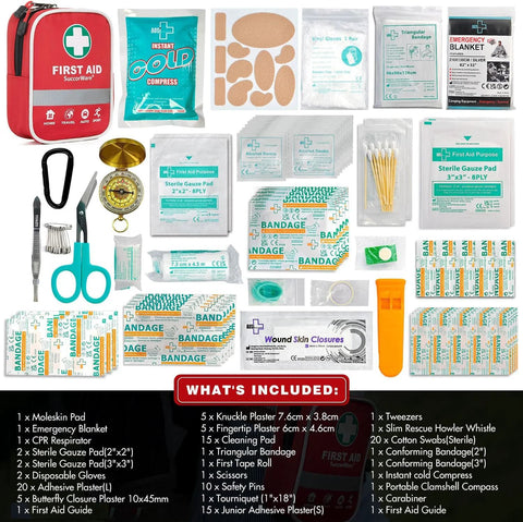 SuccorWare red first aid kit pouch with cross logo, 130-piece medical supply set (gauze, bandages, scissors).