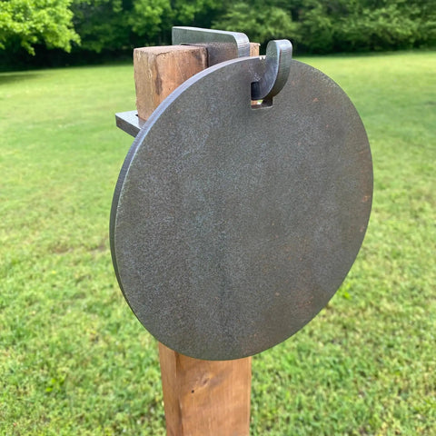 AR500 Steel Shooting Targets Four Piece Gong Set Includes Three Eighths Inch Thick Plates and Diameters Three Four Five Six Inches Unpainted Heavy Duty Hanging Plates for Rifle And Pistol Range Ready hanging on post