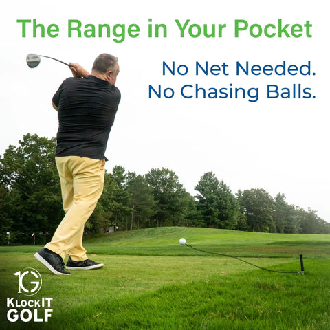 Golfer using Game Changing Golf Training Aid For Home Use With Pro Grade Swing Trainer And Essentials on a green field