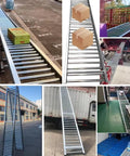 Foldable Stainless Steel Conveyor Belt System For Light Duty Use Unpowered Roller Conveyor For Trucks Factories Warehouses And Docks 23.6 Inch Wide By 19.6 Feet Long Portable Workhorse Built To Move Easy, shown moving boxes