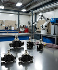 Set Of 3 4mm Tube OD Air Flow Control Valves With Straight Union Push To Connect Fittings PSA 04 displayed in a workshop