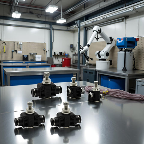 Set Of 3 4mm Tube OD Air Flow Control Valves With Straight Union Push To Connect Fittings PSA 04 displayed in a workshop