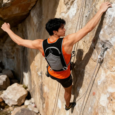 Man rock climbing with Lightweight Hydration Backpack For Outdoor Adventures With Waterproof Phone Pocket And Large Multi Pocket Layout