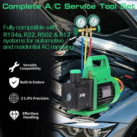 4.5 CFM Vacuum Pump Kit With Brass Manifold Gauge Quick Couplers Can Taps And Valve Core Tool For R134A R12 R22 R502 Refrigerants And DIY Friendly AC Maintenance Garage Ready, car AC service set