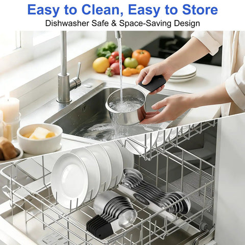 Magnetic Measuring Cups And Spoons Set For Kitchen Use With Nesting Design And Readable Measurements in dishwasher and sink
