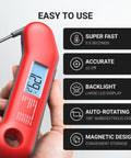 Image of Ultra Fast Digital Meat Thermometer demonstrating features like 0.5s instant read, NIST accuracy, IP67 waterproof, in red.