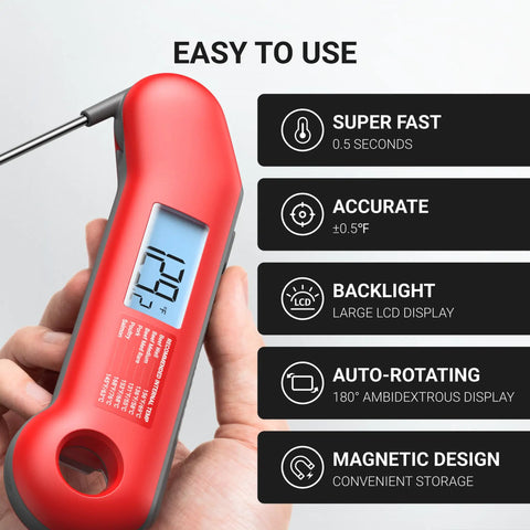 Image of Ultra Fast Digital Meat Thermometer demonstrating features like 0.5s instant read, NIST accuracy, IP67 waterproof, in red.