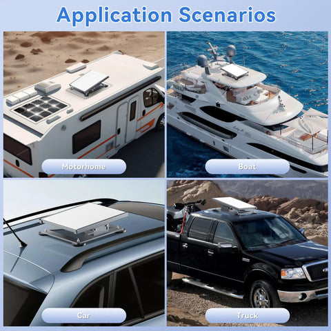 Collage showing Heavy Duty Magnetic Starlink Mini Mount With 220 Lb Bases installed on motorhome, boat, car, truck roofs.