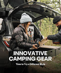 Hot Travel Coffee Maker With Built In French Press Design used by campers in an SUV while preparing for outdoor adventures.