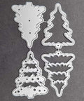 4 Piece Christmas Tree Metal Die Cutting Set For Scrapbooking And Card Making, silver carbon steel stencil dies on dark background.
