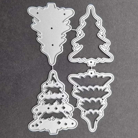 4 Piece Christmas Tree Metal Die Cutting Set For Scrapbooking And Card Making, silver carbon steel stencil dies on dark background.