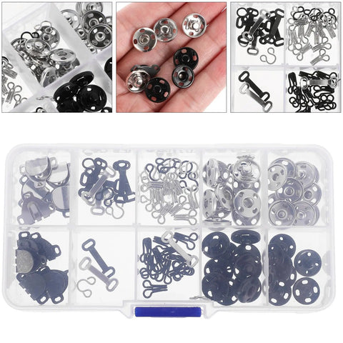 100Pcs Brass Snap Fasteners Garment Accessories Kit For Sewing Projects And DIY Clothing Repairs Including Pant Hooks And Trouser Fasteners Durable Button Snaps, clear organizer box