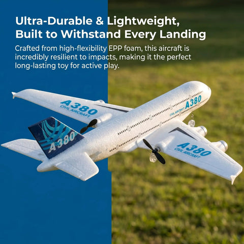 A380 style RC airplane toy made of durable EPP foam, showcasing its realistic design and lightweight construction in flight.