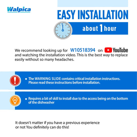 Installation guide for Dishwasher Heating Element Replacement W10518394 with easy steps and YouTube link