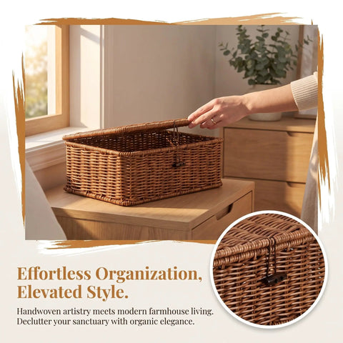 Three Piece Rectangular Woven Storage Bins With Lids Feature Slick Plastic Rattan Construction To Keep Your Home Tidy And Knocking Out Daily Clutter With Zero Hassle Prime Pick For Any Home Or Office - open lid with hand.