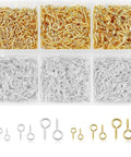 800Pcs Screw Eye Pins Kit For Jewelry Making And DIY Crafts gold and silver eyelets with sizes 12x6mm, 10x5mm, and 8x4mm sorted in box