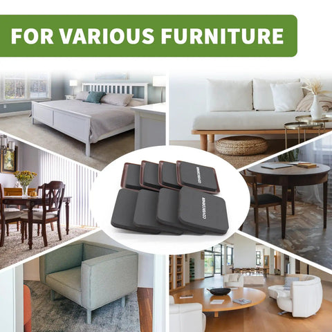 Image of Eight Piece Square Furniture Sliders Pack for Hardwood Floors and Carpet, shown with sofas, beds, and tables.