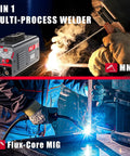 Upgrade Your DIY Game With This Awt 140A Mig Welder Machine showing multi-process welding in action with flux core and stick welding.