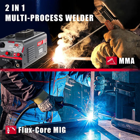 Upgrade Your DIY Game With This Awt 140A Mig Welder Machine showing multi-process welding in action with flux core and stick welding.