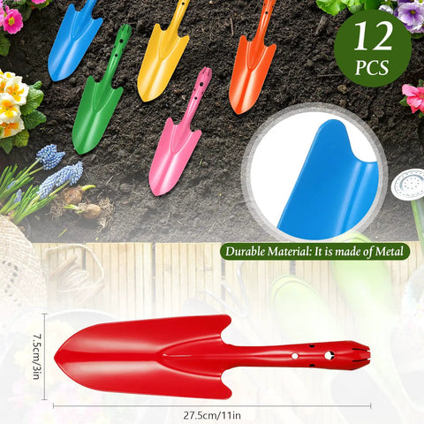 Mini Colorful Metal Hand Shovel Set 12 Pcs Transplanting Trowels 11 X 3 Inch Garden Tools in 6 Colors with Ergonomic Handles
