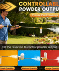 Person using Diatomaceous Earth Powder Duster with Adjustable 4 Ft Sprayer No Sweat Pump Powered for pest control in garden