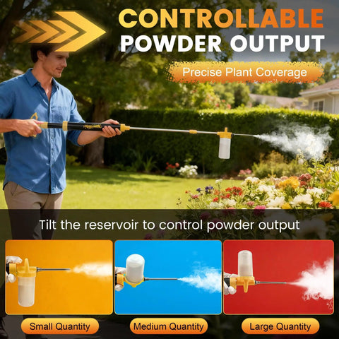 Person using Diatomaceous Earth Powder Duster with Adjustable 4 Ft Sprayer No Sweat Pump Powered for pest control in garden