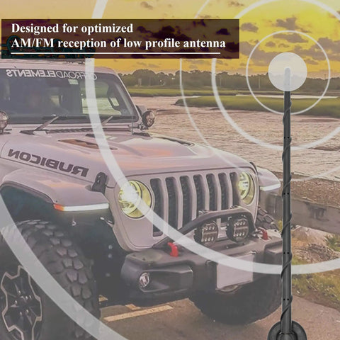 16 Inch Jeep Antenna Upgrade For 2007-2026 Wrangler JK JL JKU JLU Gladiator JT Bolt On Replacement Exterior Accessory to Boost Radio Reception and Rock a Rugged Off Road Look shown on Jeep next to a river at sunset