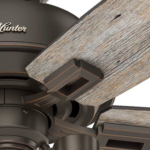 Close-up of Donegan Onyx Bengal Ceiling Fan With LED Light Kit And Pull Chain, 52 Inch, rustic wood blades and motor detail
