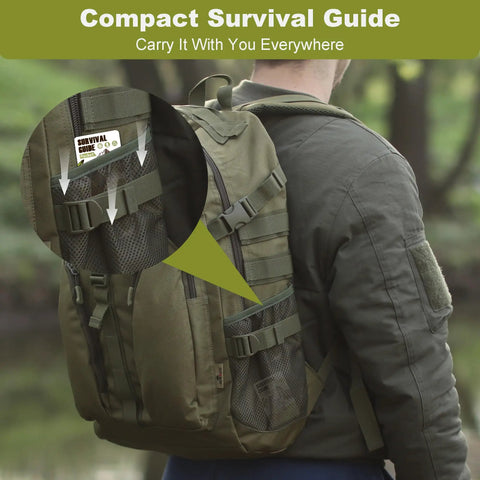Pocket Sized Survival Guide EDC Kit in backpack mesh pocket, ultra portable credit card size for emergencies.