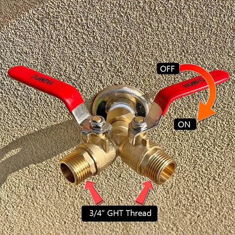 Heavy Duty Garden Hose Y Valve Splitter With Stainless Steel Long Handle And Brass Body Two Way Water Adapter Three Quarter Inch GHT Thread High Flow Full Port Spigot Splitter For Outdoor Garden Use, brass 3/4 GHT thread